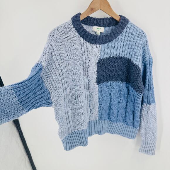 Aerie Colorblock Chunky Knit Sweater Blue Patchwork Cable Knit Size Small - Picture 4 of 7